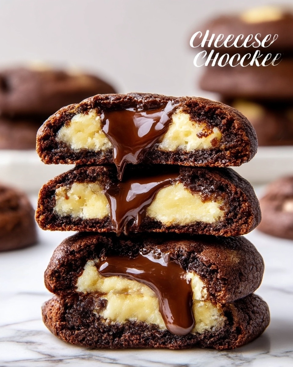 The image shows three stacked cheesecake cookies on a white marbled surface. Each cookie is thick with three visible layers: the outer layer is dark brown and looks soft and crumbly like a chocolate cookie, the middle layer is creamy pale yellow resembling cheesecake, and the center layer is dark shiny melted chocolate with a smooth texture. The cookie on top is broken to show the inside layers with melted chocolate oozing out. In the background, there are blurred cookies on the white marbled surface. The photo has soft lighting and looks clear and close-up. photo taken with an iphone --ar 4:5 --v 7