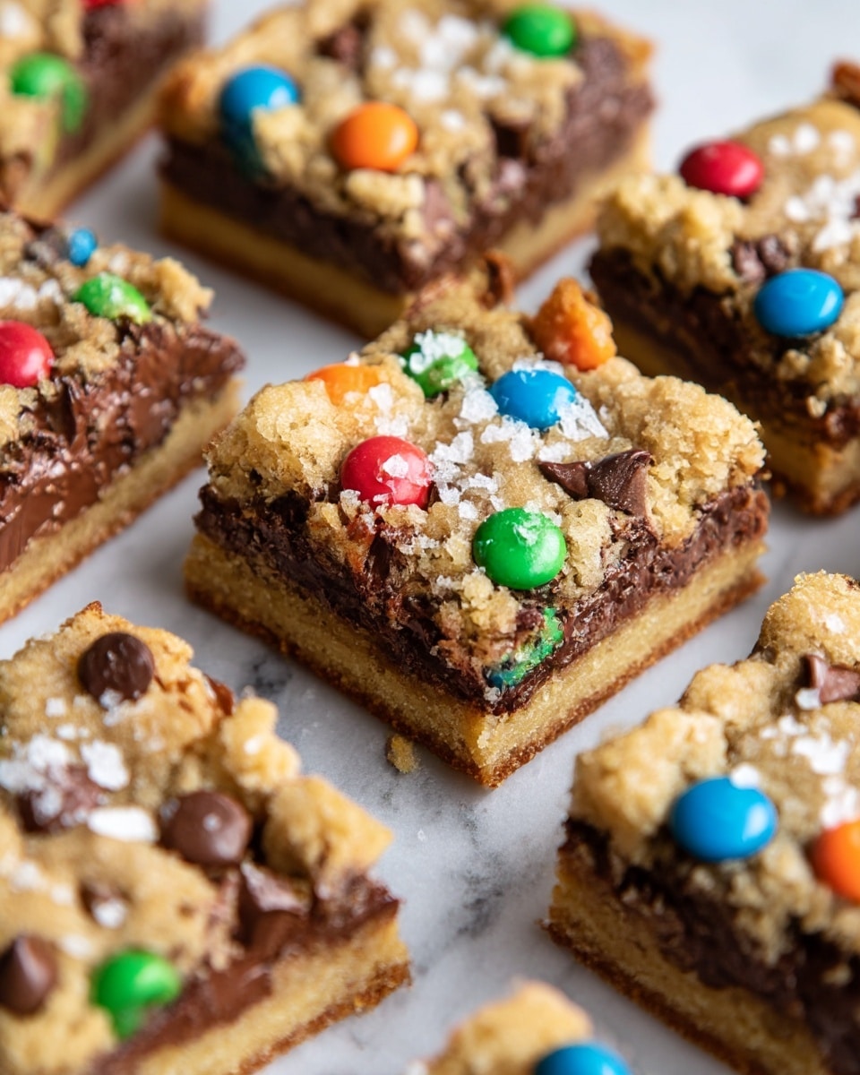 The image shows several square bars made of three visible layers: the bottom layer is a golden-brown baked crust with a firm texture, the middle layer is thick, rich, melted chocolate with scattered chocolate chips, and the top layer is a crumbly, light golden cookie dough mixed with colorful candy-coated chocolate pieces in red, green, blue, orange, and yellow. Some flakes of salt are sprinkled on top, adding a light contrast to the sweet layers. The bars are placed close together on a white marbled surface, showing a warm, inviting treat. photo taken with an iphone --ar 4:5 --v 7