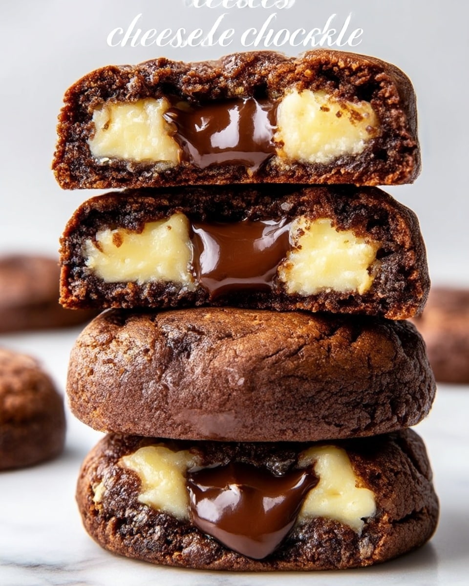 The image shows a close-up of three stacked cheesecake cookies with a thick, dark brown, slightly crispy outer layer. Each cookie has a creamy, pale yellow cheesecake layer inside with a glossy, melted dark chocolate center that looks smooth and rich. The cookies are placed against a soft white marbled background, emphasizing their dense and moist texture. The top cookie is broken in half, clearly showing all the layers from the crunchy crust to the creamy middle and melted chocolate core. Photo taken with an iphone --ar 4:5 --v 7