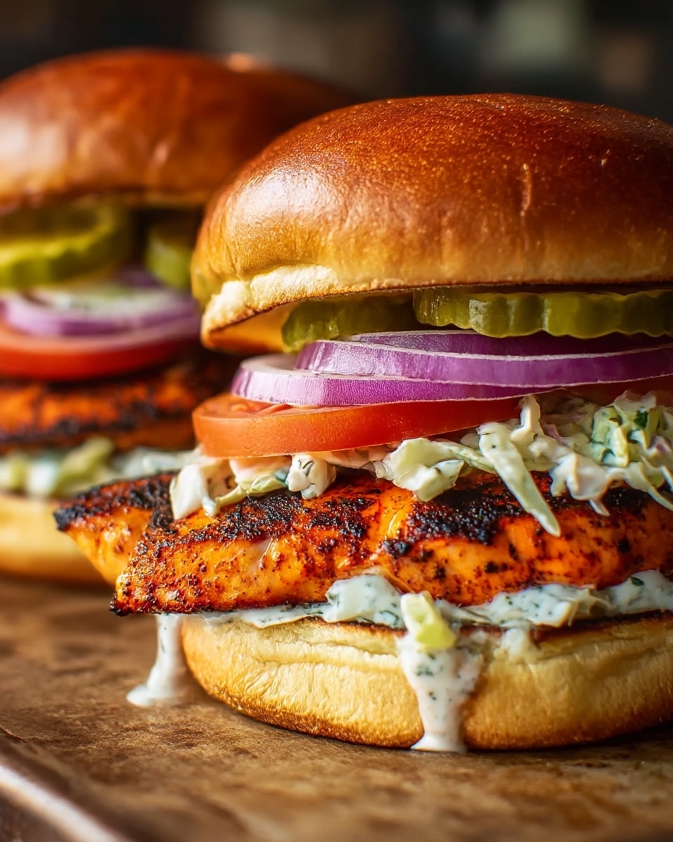 A close-up image of two grilled chicken sandwiches on a rustic surface, each sandwich composed of a shiny golden-brown top bun with a soft texture, under which there are green pickle slices, thinly sliced purple onions, and a slice of red tomato. Below these is a layer of creamy, white coleslaw with small bits of green herbs, resting on a piece of spicy, char-grilled orange chicken breast with visible grill marks. The bottom of the sandwich is a soft, lightly toasted golden-brown bun with a spread of white sauce, all stacked neatly with a slight creamy drip on the sides. Photo taken with an iphone --ar 4:5 --v 7