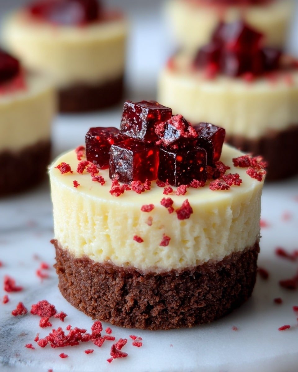 The image shows a small cake with two layers on a white marbled surface. The bottom layer is a rich, dark brown chocolate cake with a soft and crumbly texture. The top layer is a smooth, creamy light yellow cheesecake. On top of the cheesecake layer, there are small, shiny, dark red jelly-like cubes piled in the center with some red crumbs sprinkled around them and scattered on the surface. In the background, similar cakes are slightly out of focus. Photo taken with an iphone --ar 4:5 --v 7