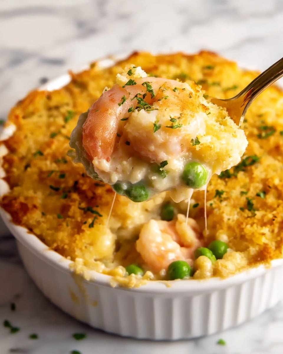 A white round casserole dish filled with a golden brown baked topping that looks crispy and slightly rough, sprinkled with small green herb pieces. Underneath this top layer, there is a creamy mixture visible containing bright green peas and light pink shrimp, creating a soft and smooth texture contrast with the topping. The spoon lifting a portion from the dish shows the thick and cheesy baked top still attached while revealing the creamy, thick, and chunky filling inside. The dish is placed on a white marbled surface, showing its warm and inviting texture. Photo taken with an iphone --ar 4:5 --v 7