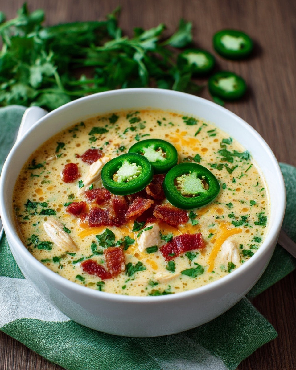 A white bowl filled with creamy soup that has a light yellow color and small oil spots on the surface. Inside the soup are pieces of cooked chicken and melted orange cheese, along with green chopped herbs spread evenly. On top, several thin slices of bright green jalapeño peppers drip slightly with moisture, and small red-brown crispy bacon bits are scattered in the center. The bowl rests on a folded green and white cloth on a wooden table, with some fresh green herbs and extra jalapeño slices blurred in the background. Photo taken with an iphone --ar 4:5 --v 7