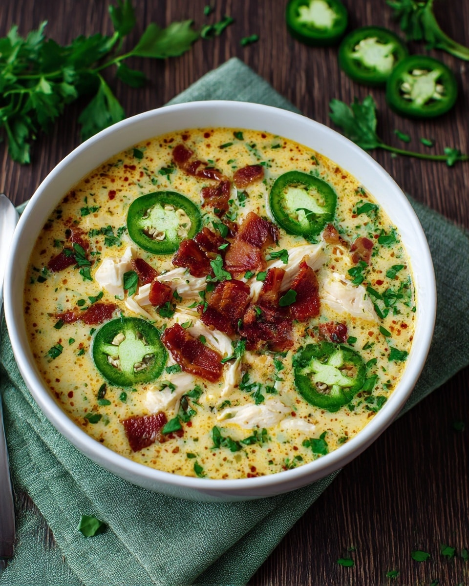 A white bowl filled with a creamy, light yellow soup with visible spices and herbs mixed in. Floating on top are chunks of white chicken meat and small pieces of crispy, dark reddish-brown bacon scattered mainly in the center. Bright green slices of jalapeño peppers with visible seeds are distributed around the bowl. Finely chopped green herbs are sprinkled over the entire surface, adding a fresh touch. The bowl sits on a green and gray cloth napkin on a dark wooden surface with some fresh parsley and sliced jalapeños in the background. photo taken with an iphone --ar 4:5 --v 7