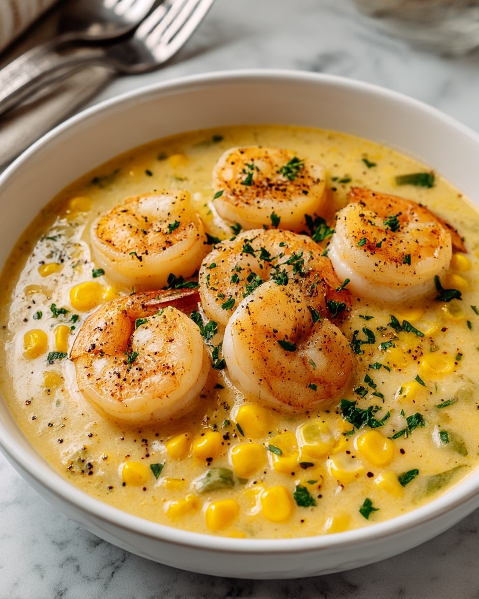 A white bowl filled with creamy yellow corn chowder as the base layer, studded with bright yellow corn kernels and small bits of green herbs mixed throughout. On top, five plump shrimp with a slight grilled marking sit evenly spaced, their light pink color contrasting with the chowder. A sprinkle of finely chopped green parsley and black pepper flakes are scattered over the shrimp and soup, adding texture and color contrast. The bowl is placed on a white marbled surface with a blurred background hinting at a fork and knife. photo taken with an iphone --ar 4:5 --v 7
