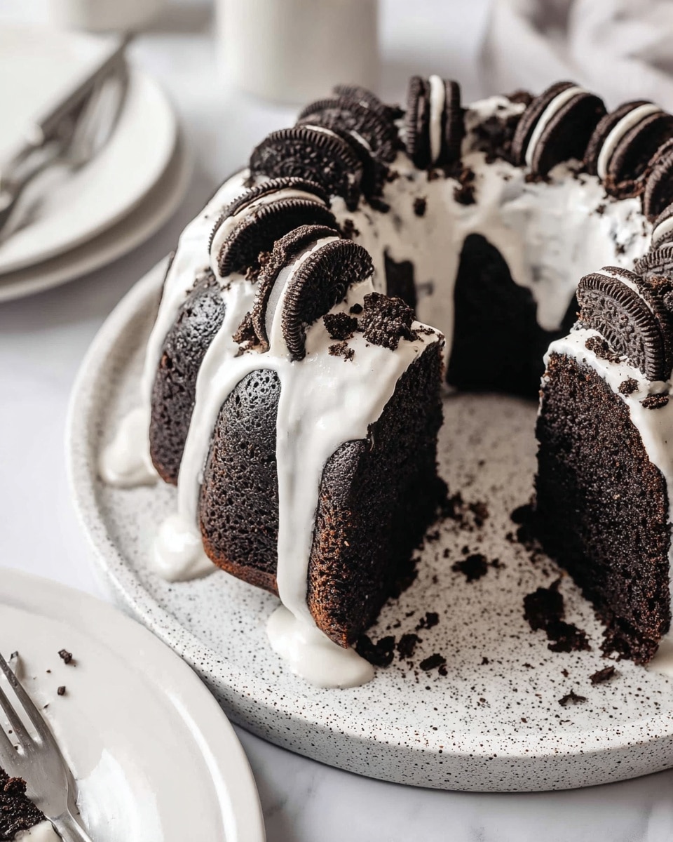 A bundt cake with a rich, dark chocolate color sits on a white speckled plate, covered by a thick white icing that drips down the sides unevenly. The cake has one slice cut out, showing its moist, dense interior. On top of the icing, broken pieces of dark chocolate sandwich cookies are scattered all around the ring of the cake. The plate rests on a white marbled surface, with a matching white plate and fork to the side, partially visible. Photo taken with an iphone --ar 4:5 --v 7