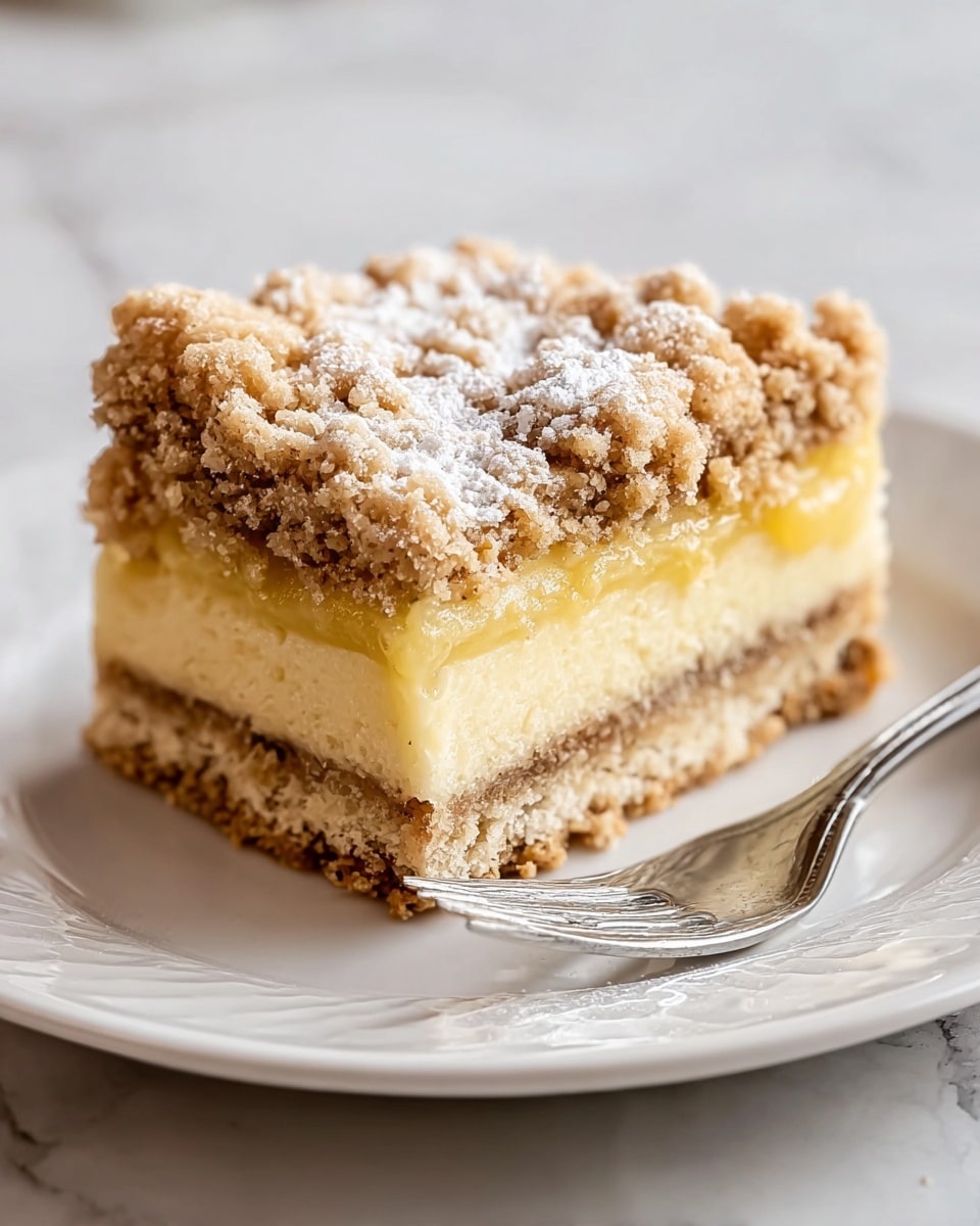 A slice of crumb cake with three clear layers sits on a white plate that has a subtle pattern around the edge. The bottom layer is a light brown, slightly crumbly crust. The middle layer is a smooth, creamy yellow filling that looks soft and thick. The top layer is a thick, golden brown crumb topping with a rough, coarse texture and a light dusting of powdered sugar. A silver fork lies next to the cake on the right side of the plate. The scene is set on a surface with a white marbled texture. photo taken with an iphone --ar 4:5 --v 7