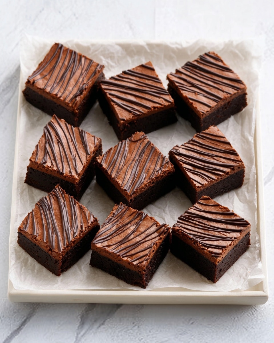 The image shows eight square chocolate brownie pieces arranged neatly on a rectangular white tray lined with parchment paper. Each brownie has two layers: a dense, dark brown base layer and a slightly lighter brown top layer with a smooth texture. The top of each piece is decorated with thin, wavy chocolate stripes creating a glossy pattern. The tray is placed on a white marbled surface. The lighting highlights the rich texture and glossy top of the brownies. photo taken with an iphone --ar 4:5 --v 7