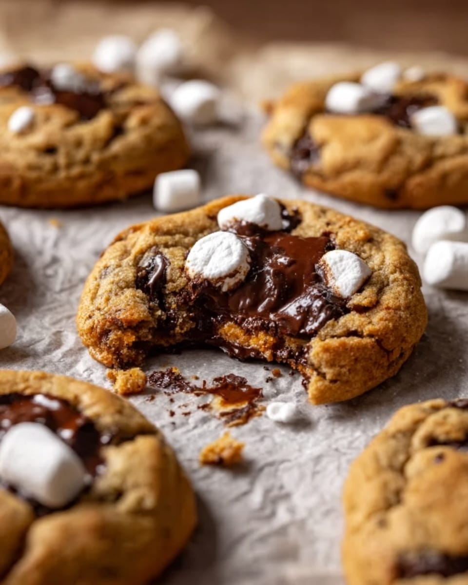 The image shows soft chocolate chip cookies on a piece of parchment paper over a white marbled surface. The cookie in the center is broken in half, revealing a rich dark chocolate layer inside, with gooey melted chocolate pieces on top and small white marshmallows scattered over the surface. The cookie dough is golden brown with a slightly rough texture and visible chocolate chips. Around the main cookie, there are more whole cookies blurred in the background, creating a warm and cozy feel. Photo taken with an iphone --ar 4:5 --v 7