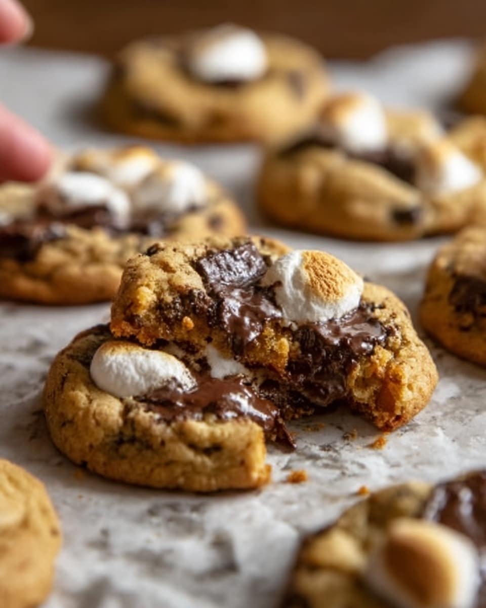The image shows a close-up of soft cookies with dark chocolate chunks and melted marshmallows on top. The cookies have a golden-brown color and a slightly cracked texture, with one cookie in the center broken in half to show a gooey chocolate and marshmallow inside. The scene is set on a white marbled surface with more cookies slightly blurred in the background, and a woman's hand reaching towards the cookies. photo taken with an iphone --ar 4:5 --v 7