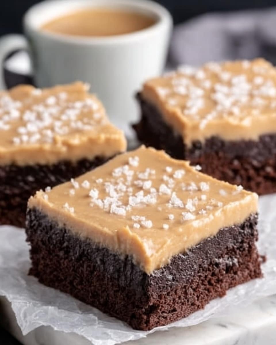 The image shows three square chocolate brownies on white parchment paper. Each brownie has two layers: a thick dark brown, moist chocolate base and a smooth, light caramel-colored frosting on top, sprinkled with white coarse sugar crystals. In the background, a white cup with light brown coffee foam is partly visible on a white marbled surface. Photo taken with an iphone --ar 4:5 --v 7