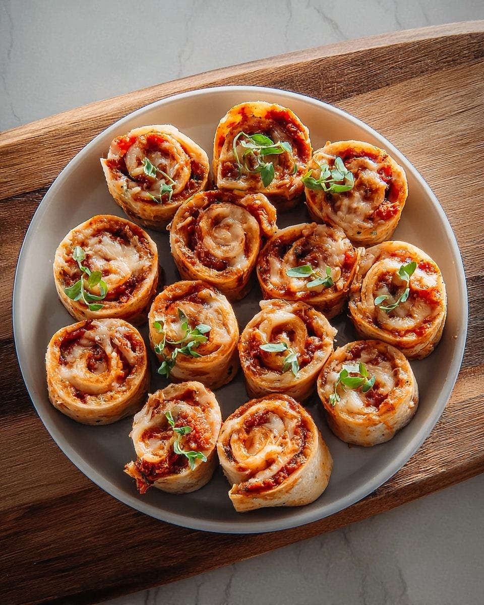 The image shows a round white plate filled with eleven small rolled food pieces arranged closely together. Each piece looks like a thin, light brown flatbread rolled tightly with visible layers of reddish sauce and melted cheese inside, creating a spiral pattern. The rolls are garnished with small green herb leaves on top, adding a fresh touch. The plate is placed on a wooden board, all set against a white marbled texture background. photo taken with an iphone --ar 4:5 --v 7