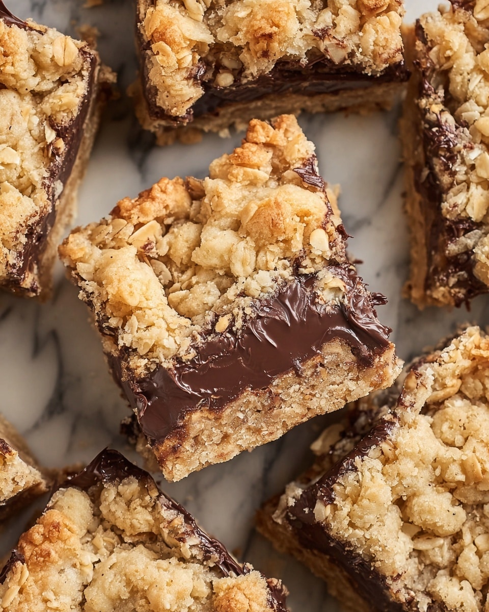 This image shows several square dessert bars closely placed together on a white marbled surface. Each bar has three visible layers: a bottom layer that looks crumbly and lightly golden with bits of oats or nuts, a middle layer of thick, dark chocolate that appears smooth and slightly melted, and a top layer similar to the bottom, crumbly and textured with oat flakes and small nut pieces. The bars have rough edges and some melted chocolate can be seen connecting two bars. The lighting highlights the texture details of the crumbly layers and the glossy middle chocolate layer. photo taken with an iphone --ar 4:5 --v 7