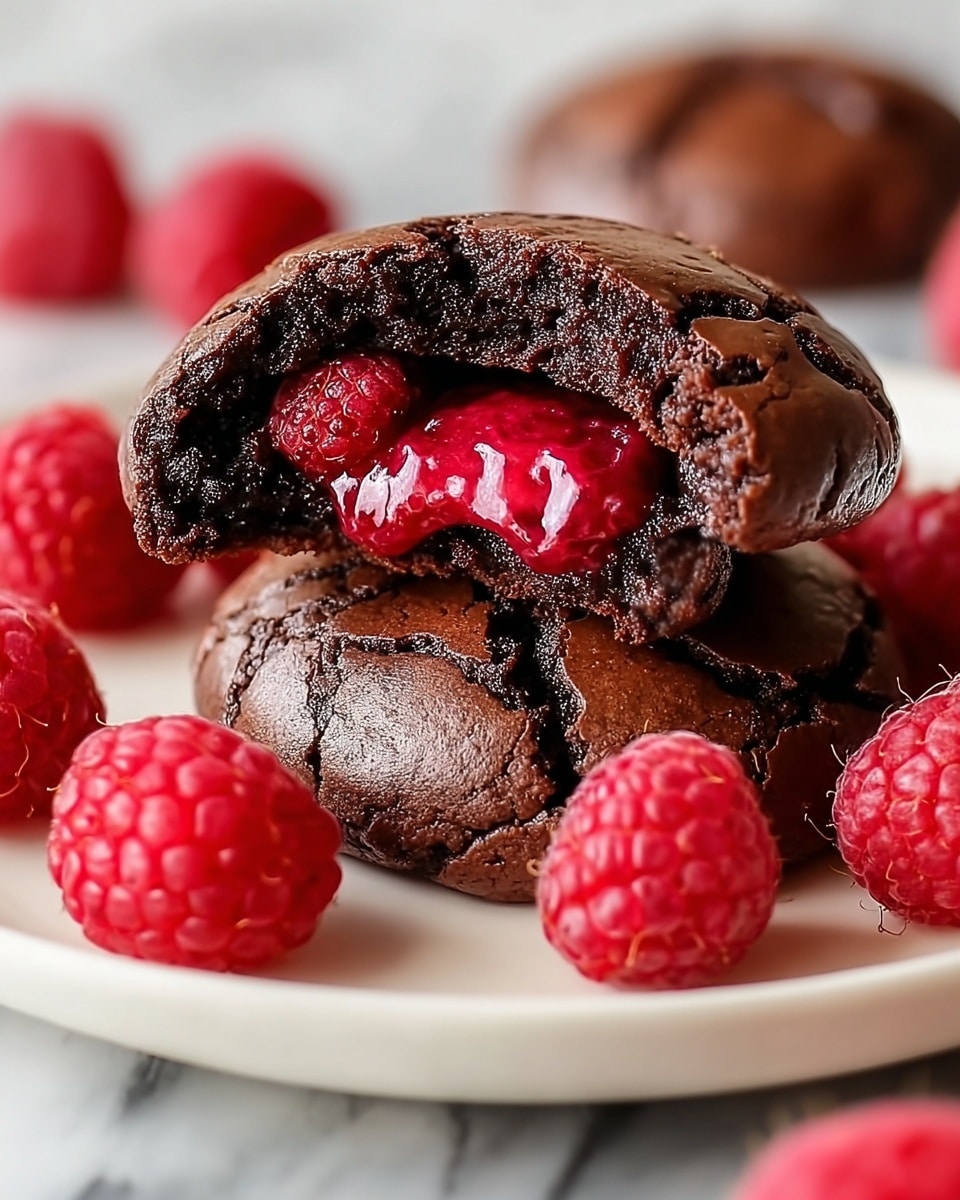 Two dark brown chocolate cookies with a cracked, shiny top layer are stacked on a white plate. The top cookie is broken in half, revealing a bright red, juicy raspberry filling inside. Around the cookies on the plate are several fresh raspberries with a textured surface. The background shows a white marbled texture and blurred red raspberries. Photo taken with an iphone --ar 4:5 --v 7