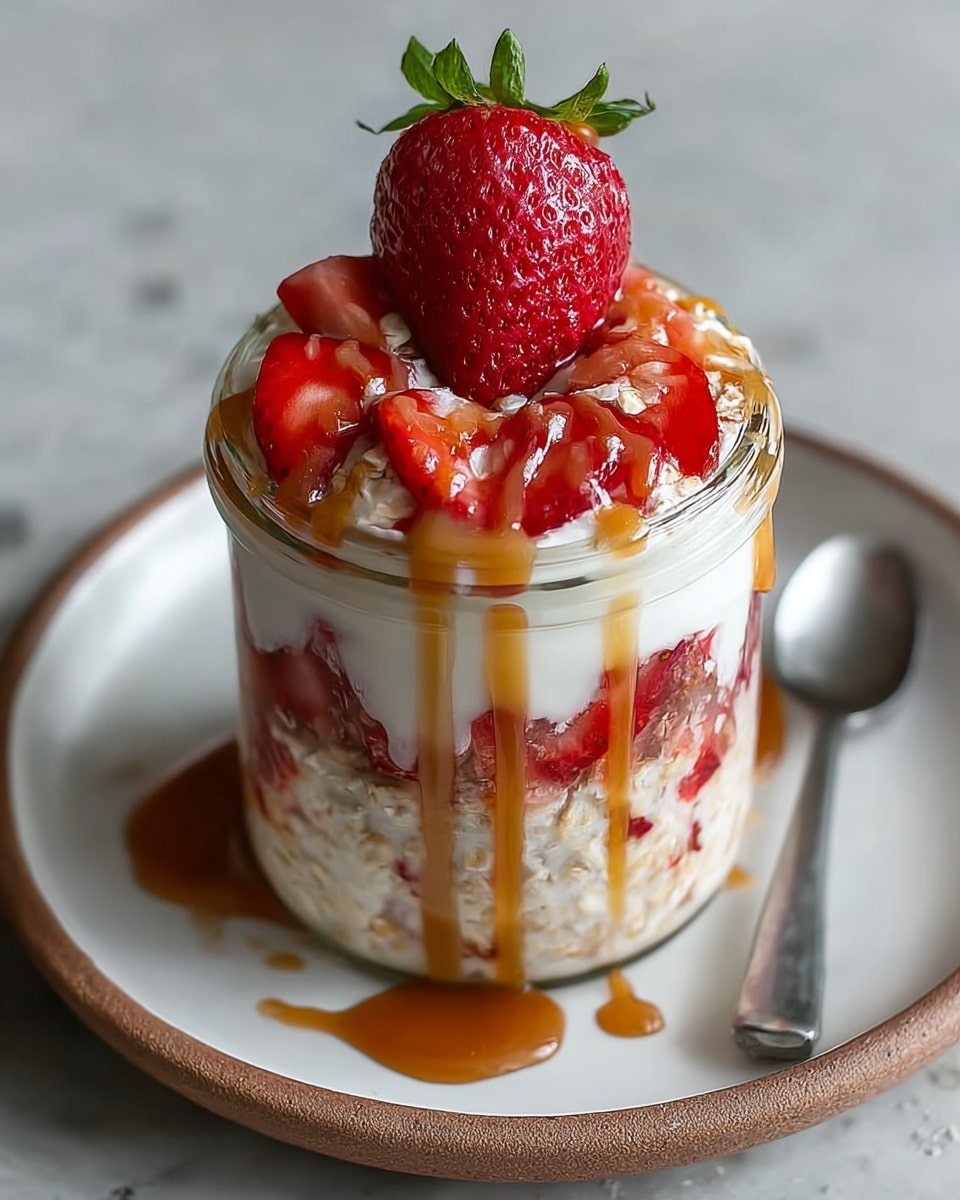 A glass jar filled with three main layers: the bottom layer is a light beige oatmeal, the middle layer is white creamy yogurt mixed with bits of red strawberries, and the top layer consists of thinly sliced red strawberries scattered over white oats, all topped with a whole glossy red strawberry standing upright in the center; golden caramel sauce is drizzled over the strawberries and sides of the jar, flowing down onto a white plate with a subtle brown edge, the jar and plate set on a white marbled textured surface with a blurred silver spoon in the background photo taken with an iphone --ar 4:5 --v 7