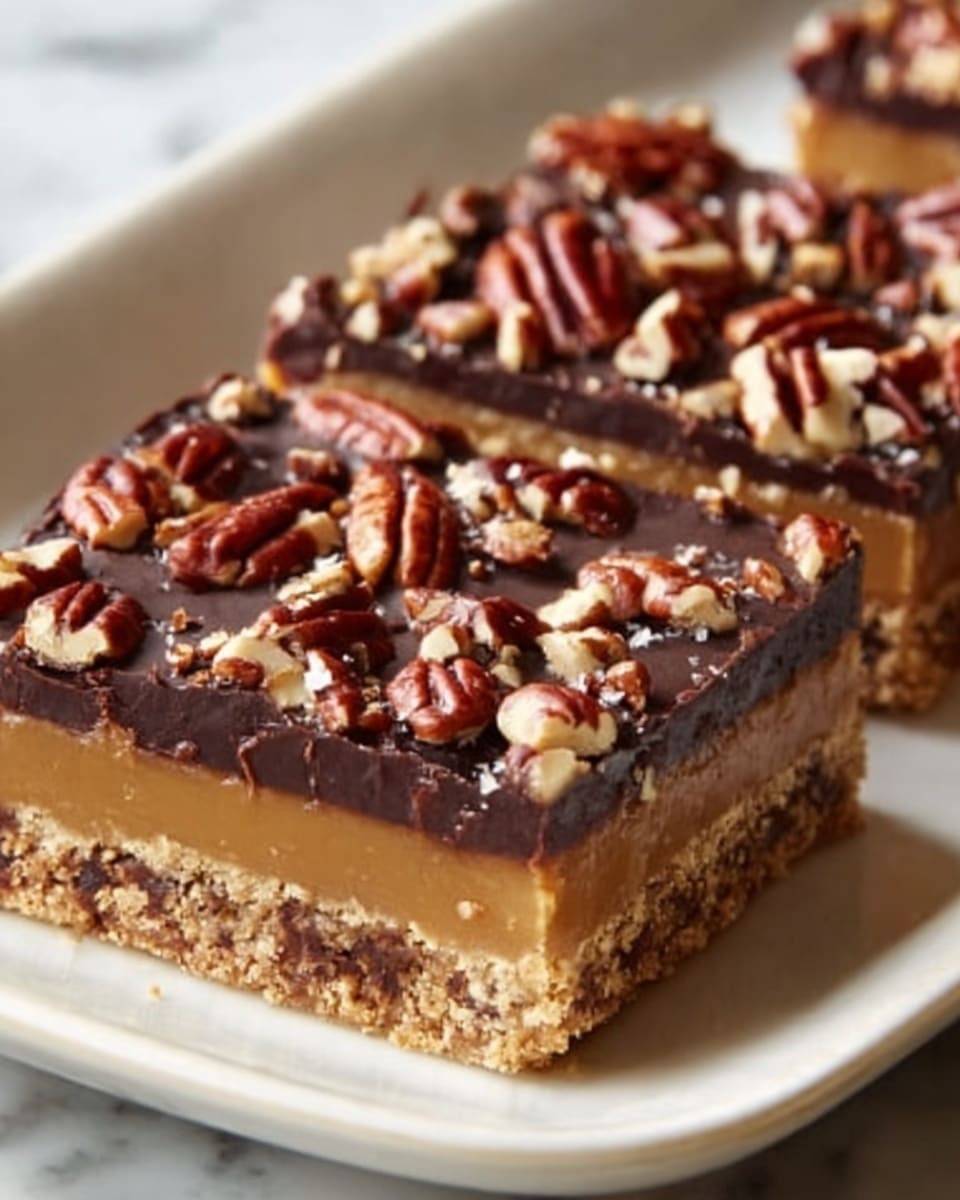 The image shows a white rectangular plate with two square pieces of a layered dessert. The bottom layer is a light brown crumbly crust, topped by a thick, smooth caramel layer in a golden tan color. The top layer is a dark brown glossy chocolate glaze, covered with whole and chopped pecans evenly spread across the surface. The dessert has clean, sharp edges and slight cracks on the chocolate layer, adding texture. The plate sits on a white marbled surface. Photo taken with an iphone --ar 4:5 --v 7