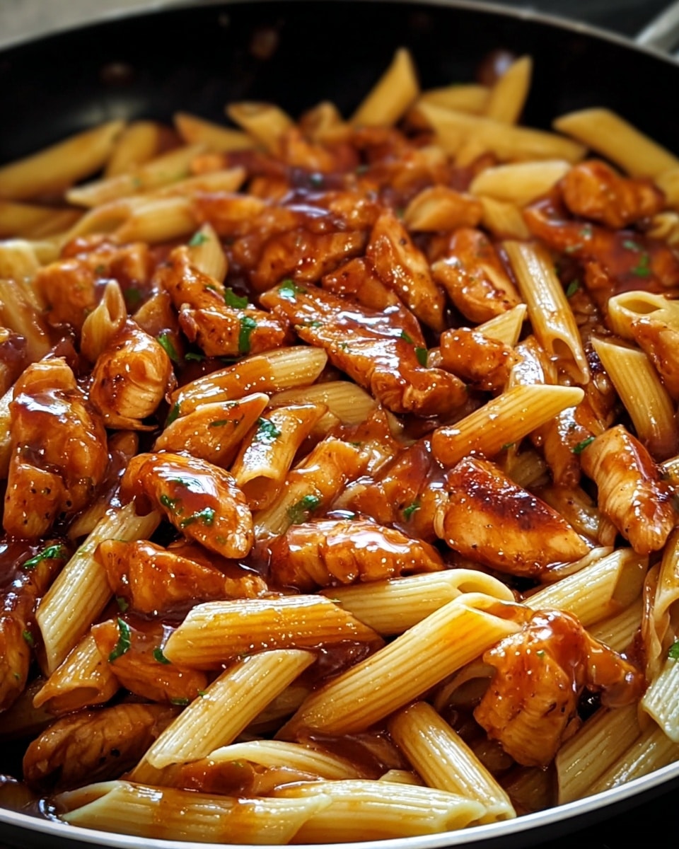 A close-up view of a black pan filled with cooked penne pasta and chicken pieces, all coated in a rich, glossy reddish-brown sauce. The penne pasta is pale yellow with smooth ridges, mixed evenly with tender chunks of browned chicken, and garnished with small bits of green herbs scattered throughout. The sauce covers the pasta and chicken well, giving them a slightly shiny, moist look. The background is a white marbled texture. photo taken with an iphone --ar 4:5 --v 7