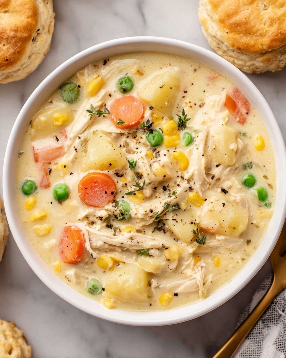 A white bowl filled with creamy chicken and vegetable soup is shown from above, sitting on a white marbled surface. The soup has a thick, pale yellow base with tender shredded chicken layered throughout. Bright orange carrot pieces, yellow corn kernels, green peas, and small chunks of white potatoes are mixed evenly in the soup. A sprinkle of black pepper is scattered on top, adding a contrast of small dark spots. Nearby, there are biscuit halves with a golden crust on the white marbled surface, and a gold spoon is visible on the right side. Photo taken with an iphone --ar 4:5 --v 7