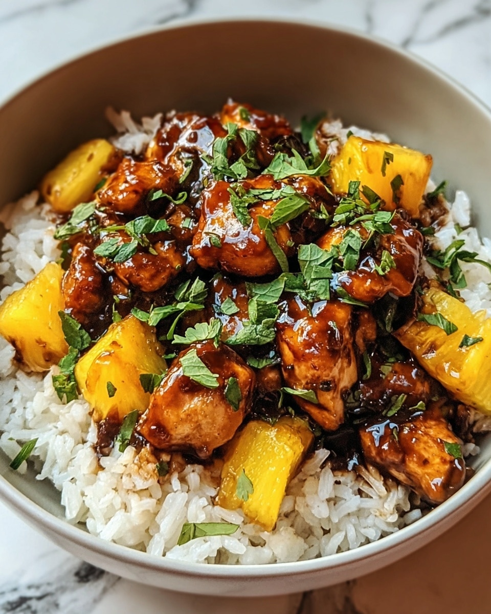 A white bowl filled with cooked white rice as the bottom layer, topped with golden brown grilled chicken pieces coated in a glossy orange-brown sauce, mixed with bright yellow pineapple chunks scattered evenly, and sprinkled with fresh green chopped herbs on top. The bowl sits on a white marbled surface. photo taken with an iphone --ar 4:5 --v 7