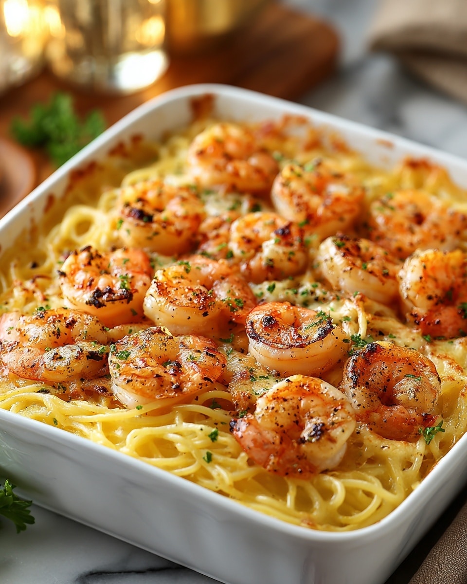 A white deep rectangular dish filled with a layer of cooked spaghetti noodles at the bottom, creamy light yellow sauce coating the pasta evenly, and topped with a single layer of grilled shrimp that are pink with charred black pepper spots. The shrimp are arranged neatly on top, with bright green chopped herbs sprinkled over all, adding contrast. The surface around the dish is a white marbled texture, with soft light highlighting the creamy and grilled textures. Photo taken with an iphone --ar 4:5 --v 7
