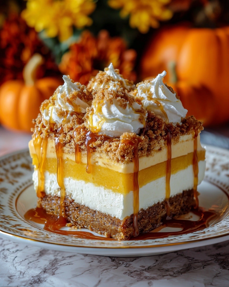 The image shows a close-up of a square piece of moist, golden-brown cake with a soft texture. On top, there is a thick layer of white whipped cream that looks light and fluffy. Drizzled over the whipped cream and the cake is a generous amount of glossy caramel sauce that softly spills over the sides. The top is sprinkled with a handful of chopped nuts that add a crunchy texture and a warm brown color. The dessert sits on a white plate against a white marbled surface. Photo taken with an iphone --ar 4:5 --v 7