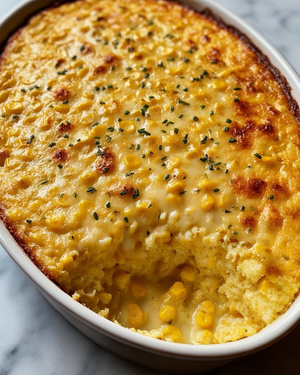 The dish appears to be a creamy corn casserole served in a white, oval dish. It has a thick layer of bright yellow corn kernels mixed with a smooth, melted cheese sauce that’s light yellow and creamy in texture. The top is golden brown with small browned spots and sprinkled with small bits of chopped green herbs scattered evenly across. The casserole looks soft and moist inside where a portion has been removed, showing the dense and cheesy texture packed with corn. The dish sits on a white marbled surface. photo taken with an iphone --ar 4:5 --v 7