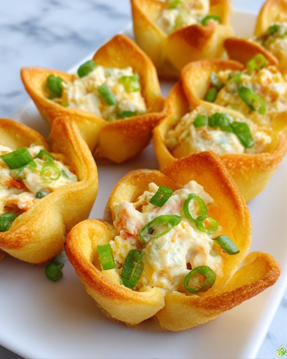 The image shows several golden-brown wonton cups arranged on a white plate, each filled with a creamy, light beige mixture with small orange and green bits, topped with bright green chopped scallions. The wonton wrappers are crispy and curved, creating a cup shape that holds the filling inside. The background is a white marbled surface. Photo taken with an iphone --ar 4:5 --v 7