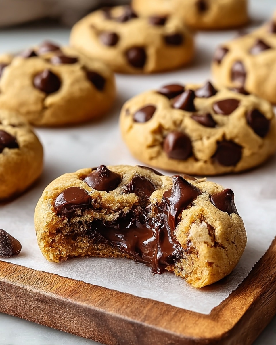 The image shows thick, round chocolate chip cookies with a soft, crumbly light brown dough base. The cookies are studded with large, glossy dark brown chocolate chips that are still melted in the broken cookie at the front. The front cookie is split open, revealing gooey chocolate inside with a chewy, slightly grainy texture on the dough’s interior. More whole cookies are arranged in a row behind it, all sitting on white parchment paper atop a wooden board set on a white marbled surface. photo taken with an iphone --ar 4:5 --v 7
