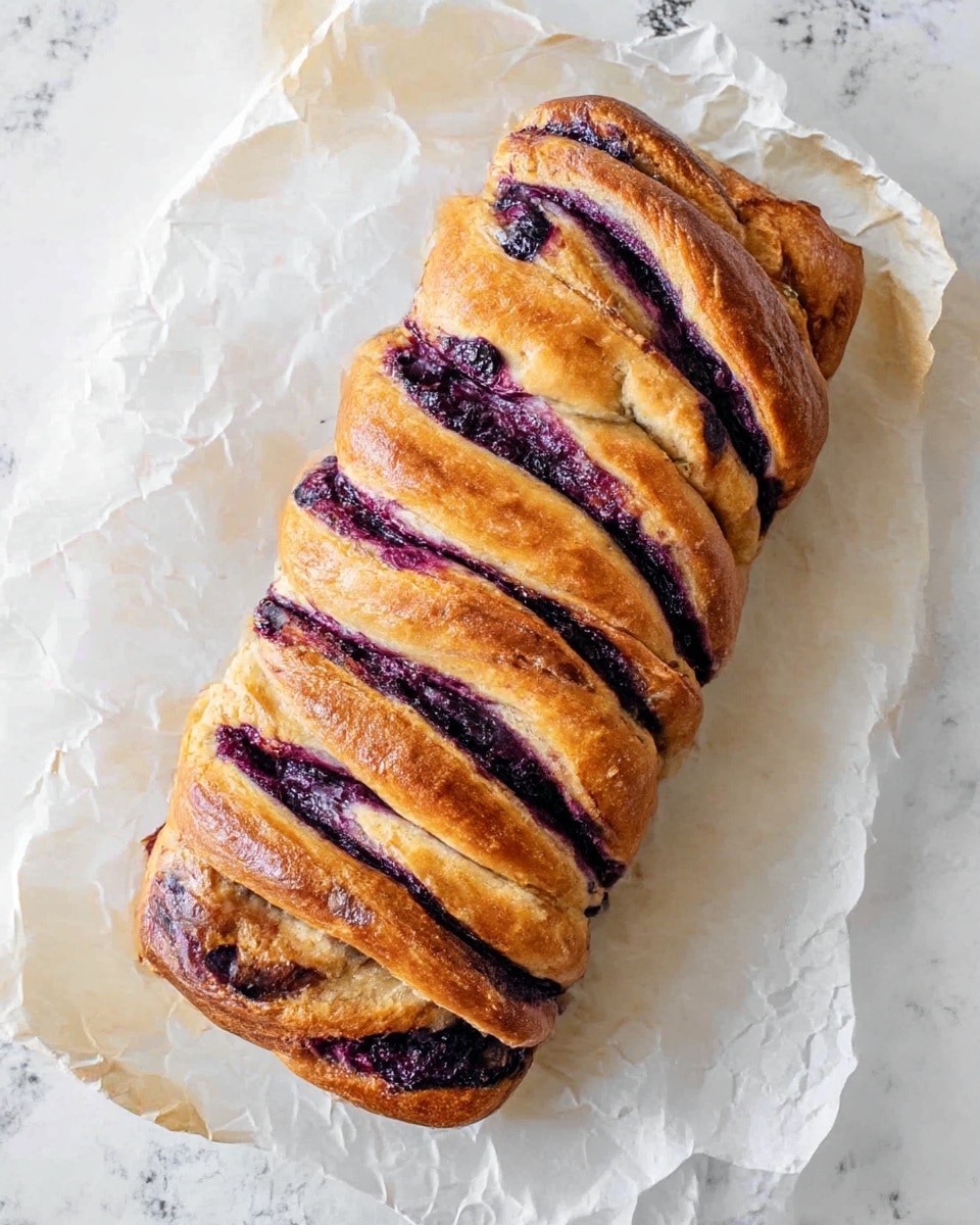 A rectangular loaf of braided bread with about five visible twisted layers, showing light golden-brown dough intertwined with dark purple blueberry filling that peeks from between the folds. The bread has a shiny, slightly crisp crust and is resting on crumpled white parchment paper which lies on a white marbled surface. The texture of the dough looks soft and fluffy inside with darker spots where the berries have baked in. photo taken with an iphone --ar 4:5 --v 7
