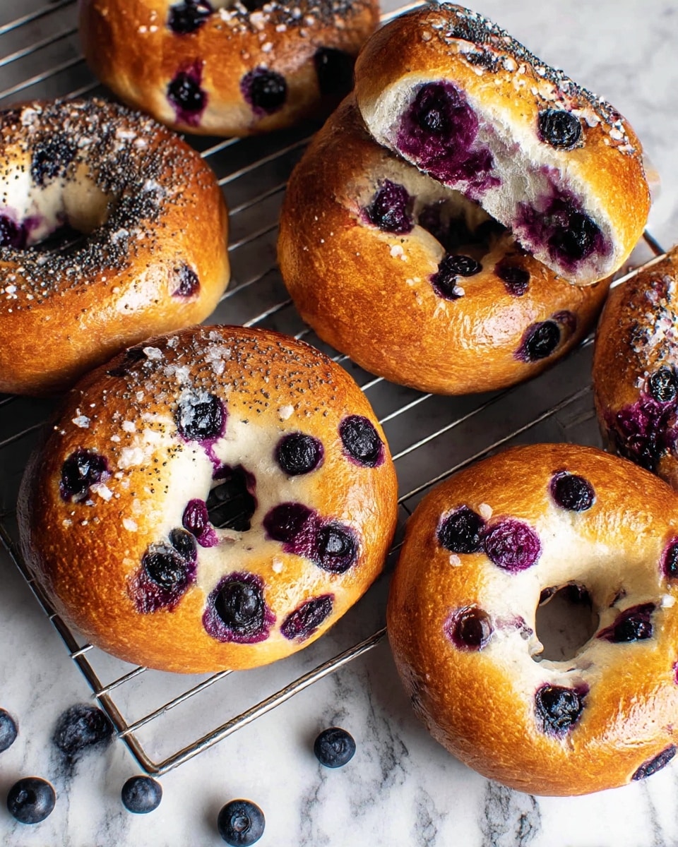 The image shows several golden-brown bagels filled with dark purple blueberries, some whole and some broken to reveal the juicy blueberry inside. The bagels have a shiny crust with sprinkled poppy seeds and coarse salt on top. The blueberries are scattered throughout the dough, giving spots of deep purple inside and outside the bagels. They are arranged on a metal cooling rack with a few loose blueberries on white marbled texture underneath. photo taken with an iphone --ar 4:5 --v 7
