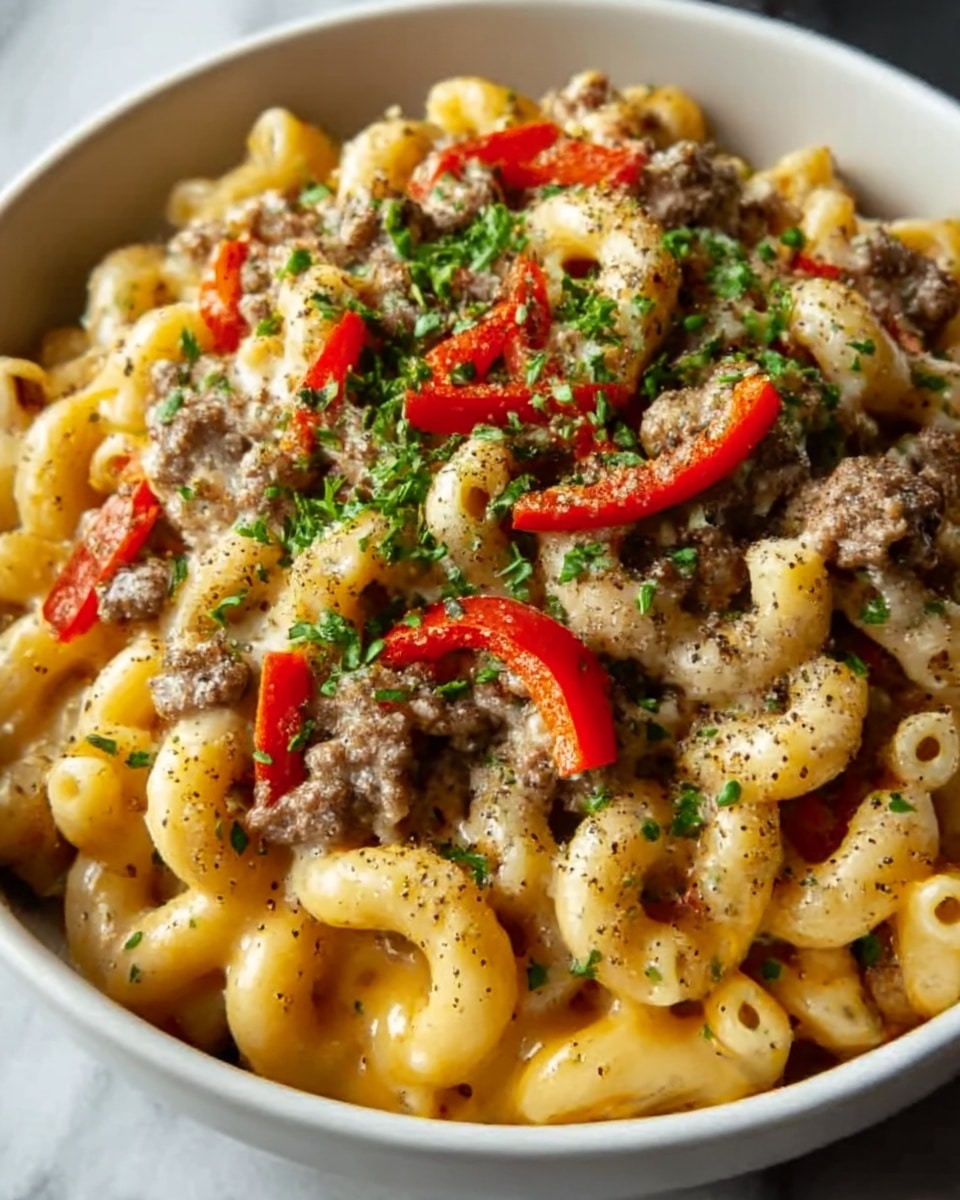 A close-up view of a white bowl filled with creamy pasta layers, starting with curly macaroni coated in a smooth, yellow cheese sauce at the bottom. On top of this is a layer of browned ground meat mixed throughout the pasta, with small pieces appearing on the surface. Scattered over the meat and pasta are thin strips of red pepper adding bright color contrast. The entire dish is sprinkled with chopped green herbs, which creates a fresh look, and a light dusting of black pepper for texture on top. The bowl sits on a white marbled surface, and the colors and textures create a warm, inviting feel. Photo taken with an iphone --ar 4:5 --v 7