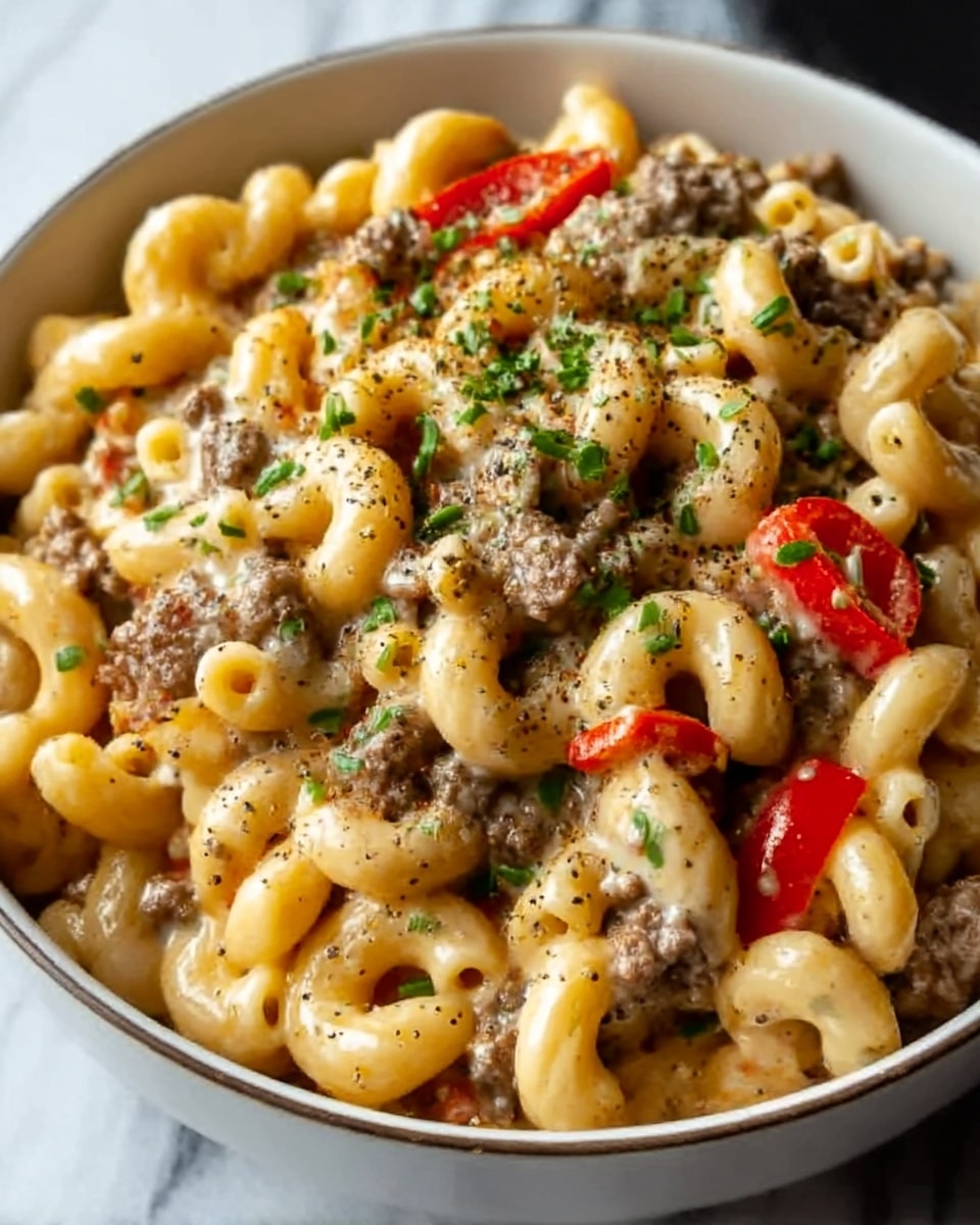 A close-up view of a white bowl filled with creamy macaroni pasta, layered with melted cheese and tender ground beef mixed throughout. The macaroni is pale yellow and soft, topped with small green herb pieces and black pepper sprinkled around. Bright red pepper slices add a pop of color on different parts of the dish. The creamy cheese sauce looks smooth and rich, covering the pasta and beef evenly. The bowl sits on a white marbled surface. Photo taken with an iphone --ar 4:5 --v 7
