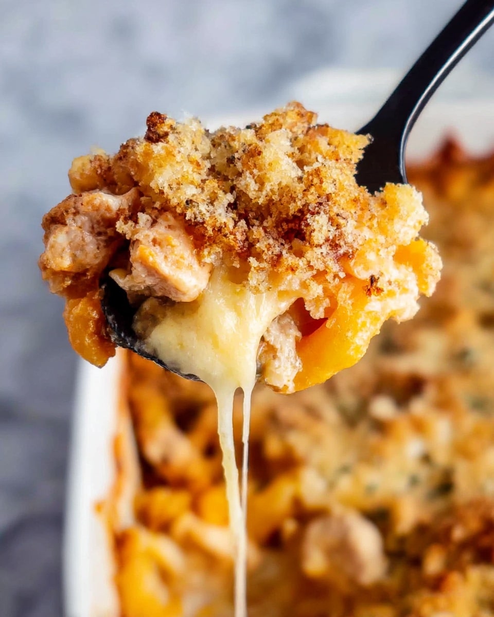 A close-up of a black spoon holding a layered dish with three visible layers: the bottom layer is creamy white cheese with a soft melted texture, the middle layer is a mix of light brown cooked chicken pieces with some herbs, and the top layer is a golden brown breadcrumb crust that is crunchy and crumbly. The dish looks warm and cheesy, with some black specks of seasoning on the cheese. The background shows more of the same dish blurred out, placed on a white marbled surface. Photo taken with an iphone --ar 4:5 --v 7
