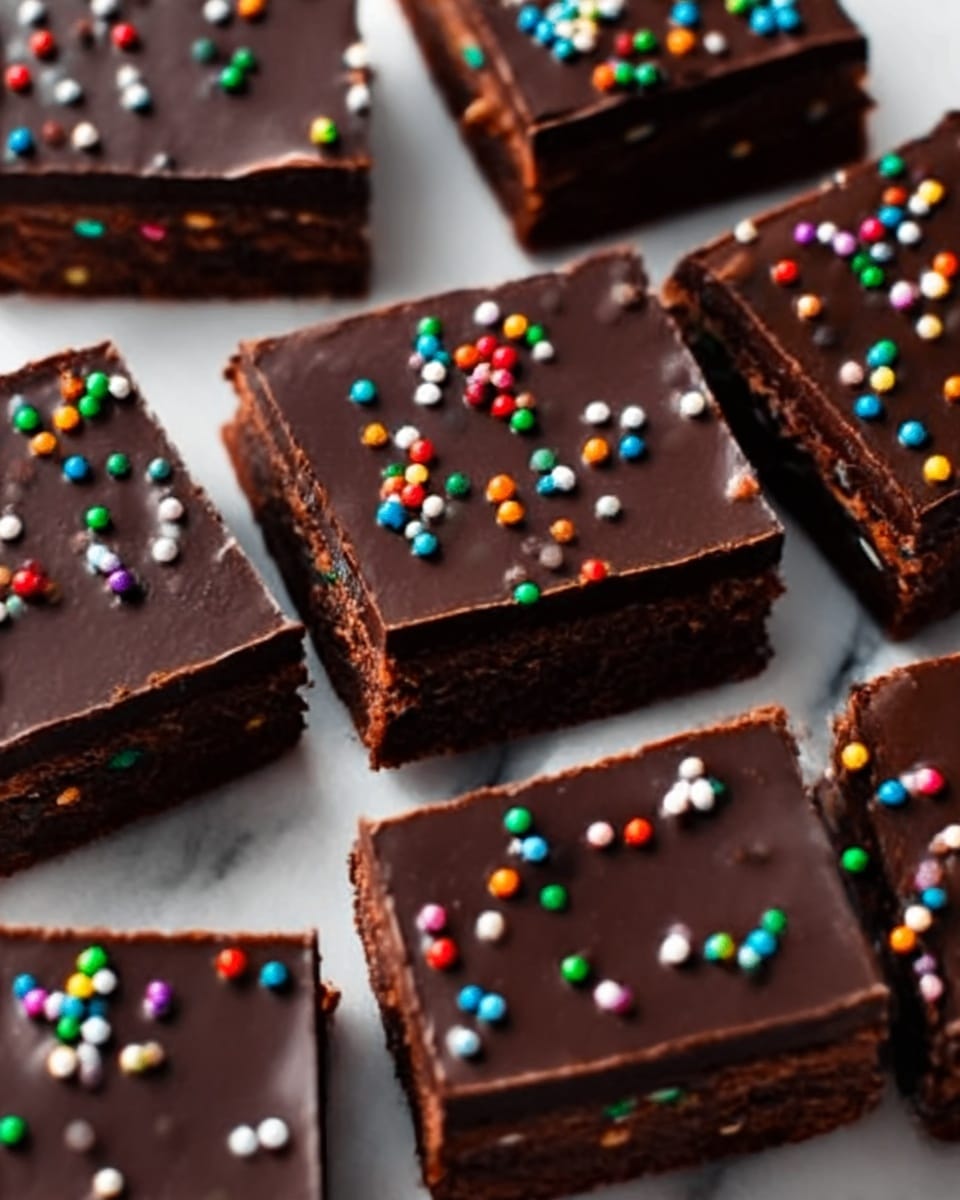 The image shows a close-up of several square chocolate brownies with a smooth, shiny dark chocolate layer on top. Each brownie is decorated with small, round, colorful sprinkles scattered evenly across the top layer. The brownies have two visible layers: a dense, moist chocolate base at the bottom and a glossy chocolate icing on top. The brownies are cut cleanly and arranged closely together on a white marbled surface, filling the frame. Photo taken with an iphone --ar 4:5 --v 7