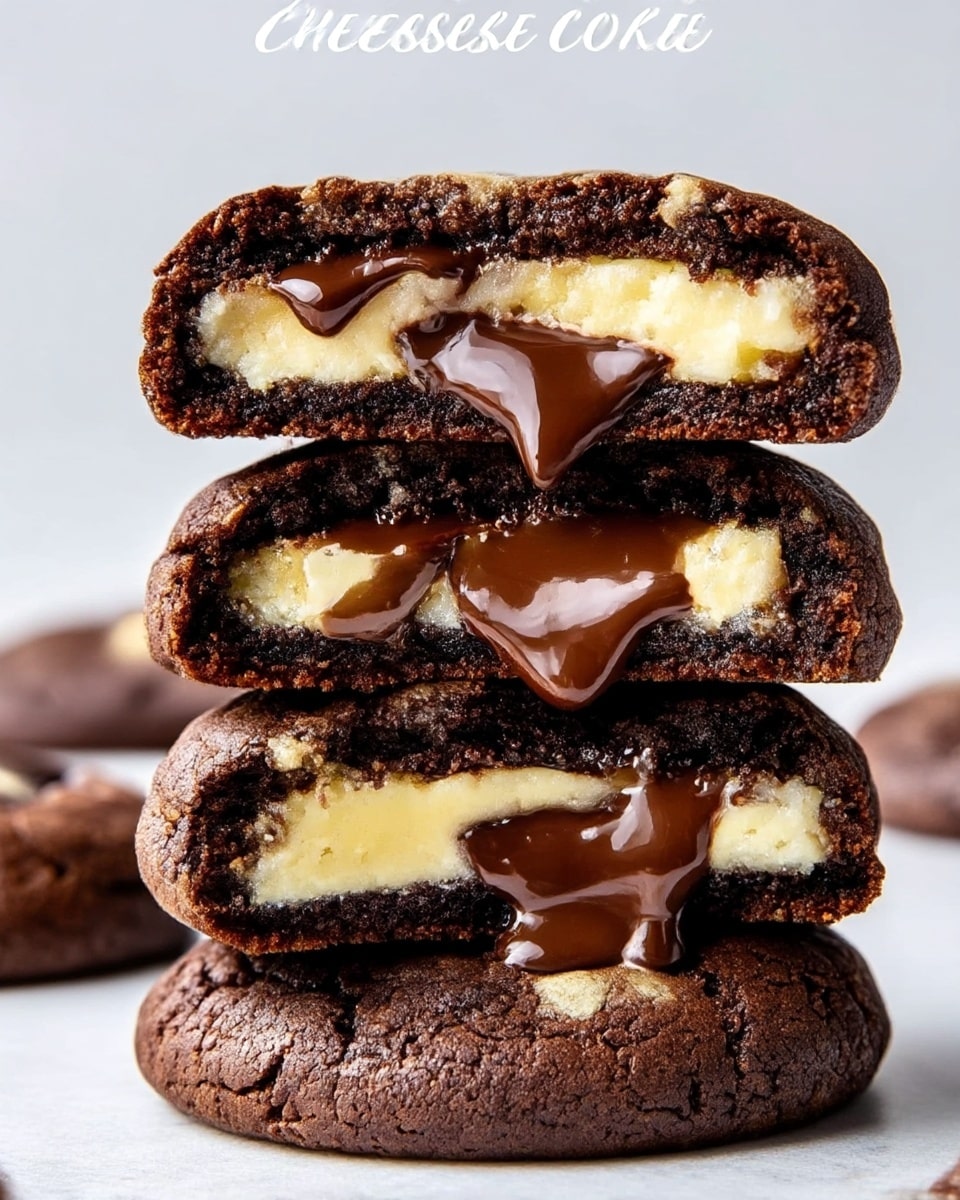 The image shows three thick cheesecake cookies stacked on top of each other against a soft white background. Each cookie has three visible layers: the outer layer is a dark, rich chocolate cookie with a slightly crackled and crumbly texture, the middle layer is a creamy, pale yellow cheesecake filling that looks smooth and soft, and the center is filled with melted dark chocolate that is glossy and gooey, oozing slightly out of the cheesecake layer. The cookies have uneven edges that show the contrast between the dark and light layers clearly. photo taken with an iphone --ar 4:5 --v 7