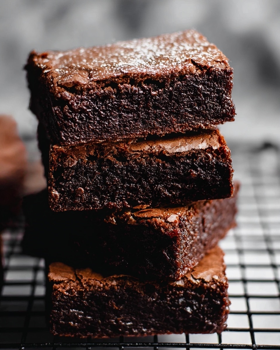 Four thick rectangular brownies are stacked closely on a black cooling rack placed on a white marbled surface. Each brownie shows a rich dark brown color with a slightly crispy textured top sprinkled lightly with powdered sugar, while the inside looks dense and fudgy with a moist crumb. The edges are slightly rough, highlighting the homemade feel. The lighting emphasizes the glossy, gooey inside and the cracked crust on top. Photo taken with an iphone --ar 4:5 --v 7