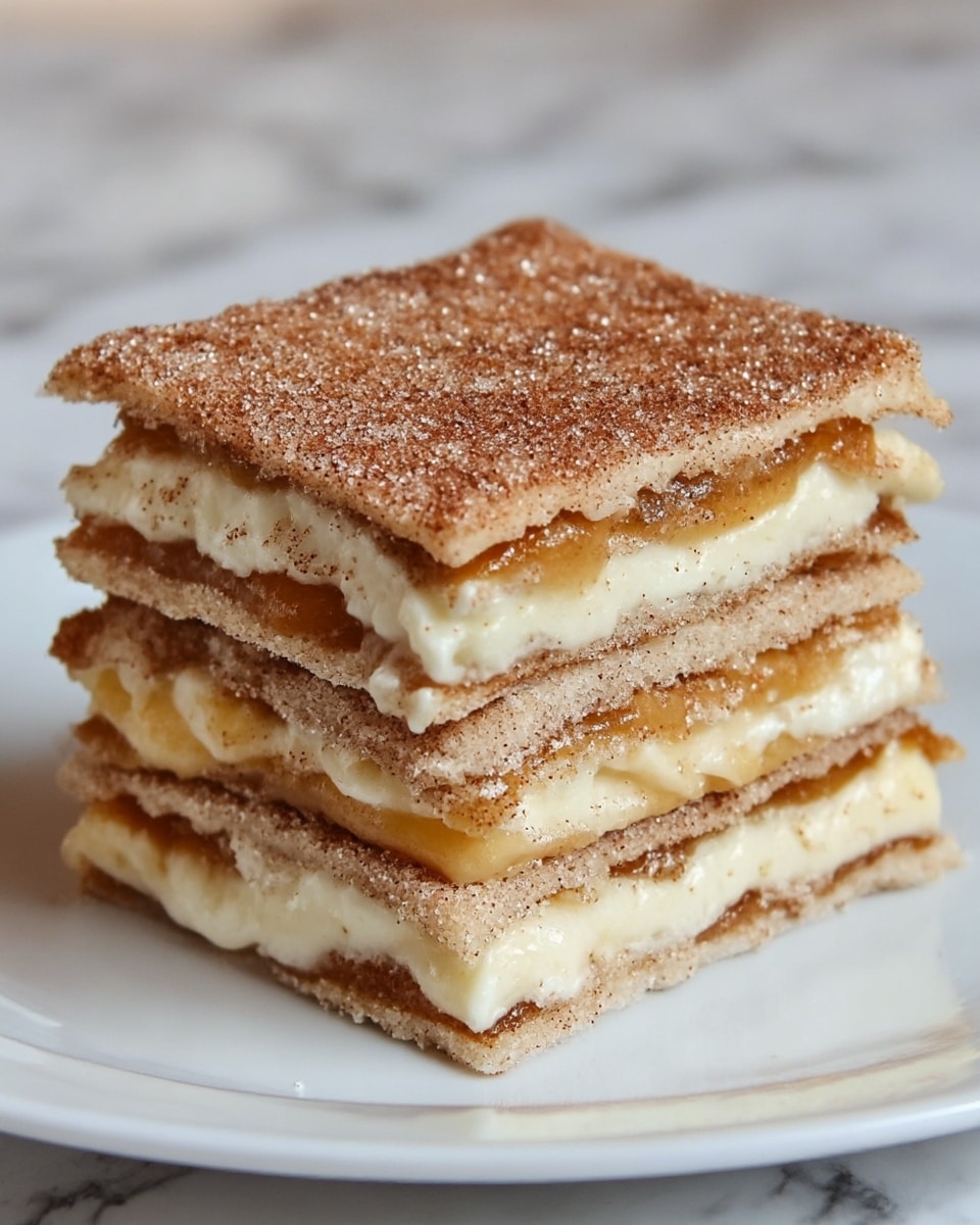 A stacked dessert with five layers is shown on a white plate, placed on a white marbled surface. Each layer alternates between a thin, light beige dough dusted with a mix of cinnamon and sugar, giving it a grainy, slightly rough texture, and a creamy off-white filling that looks smooth and soft. Between the dough and cream layers is a sticky caramel layer that adds a glossy, rich brown hue. The top layer is a square of dough generously coated with cinnamon sugar, sparkling slightly under the light, making the dessert look sweet and crunchy on top. Photo taken with an iphone --ar 4:5 --v 7