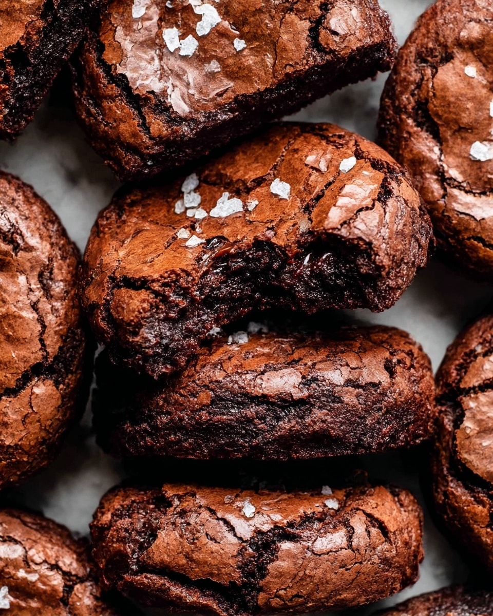 A close-up view of multiple rich chocolate brownies stacked tightly together on a white marbled texture. Each brownie has a cracked, shiny, dark brown crust with a soft and fudgy center visible in the middle brownie, which has a bite taken out of it. Scattered across the tops of the brownies are small, coarse white salt flakes that add texture contrast. The brownies have a dense and moist look with shades of dark and medium brown, and the surface shows deep crevices and cracks. Photo taken with an iphone --ar 4:5 --v 7