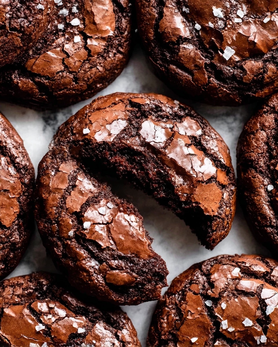 A close-up view of several dark brown chocolate cookies with cracked, shiny tops scattered closely together, each cookie showing a rough and slightly uneven surface texture. One cookie in the center has a bite taken out, revealing a dense, moist, and fudgy interior that looks almost gooey. The cookies are sprinkled with shiny white salt flakes, adding a touch of contrast and texture on the tops. The cookies rest on a white marbled surface that can be seen in some small areas around the edges. photo taken with an iphone --ar 4:5 --v 7