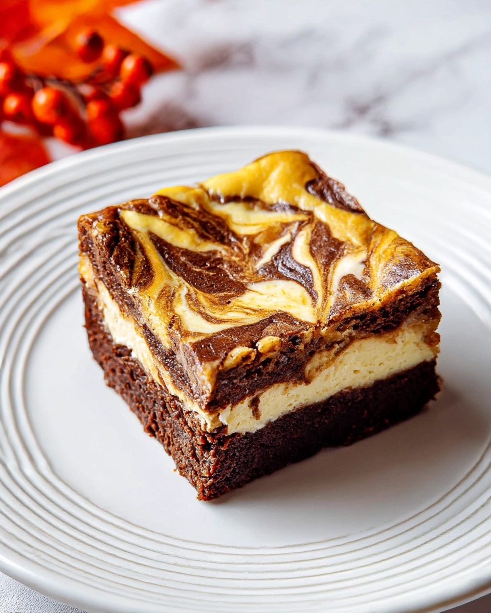 A single square piece of two-layered dessert on a white plate with light circular ridges. The bottom layer is thick, dark brown, and looks like a dense chocolate brownie with a slightly rough texture. The top layer is marbled with swirls of golden yellow and creamy white mixed with dark brown, creating a smooth, glossy, and slightly raised surface with a soft, cheesecake-like texture. The background shows a white marbled texture with some blurred red-orange autumn leaves and berries in the corner. Photo taken with an iphone --ar 4:5 --v 7