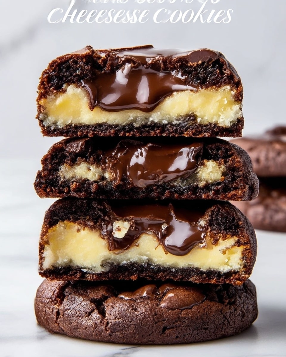 The image shows a close-up of three stacked cheesecake cookies, each with three visible layers. The bottom layer is a dark, rich chocolate cookie crust with a slightly crumbly texture, the middle layer is a creamy pale yellow cheesecake filling, and the top layer features melted, glossy dark chocolate spread unevenly on the cheesecake filling. The cookies have a soft, dense inside and a slightly cracked chocolate surface on top. The background has a clean white marbled texture. photo taken with an iphone --ar 4:5 --v 7