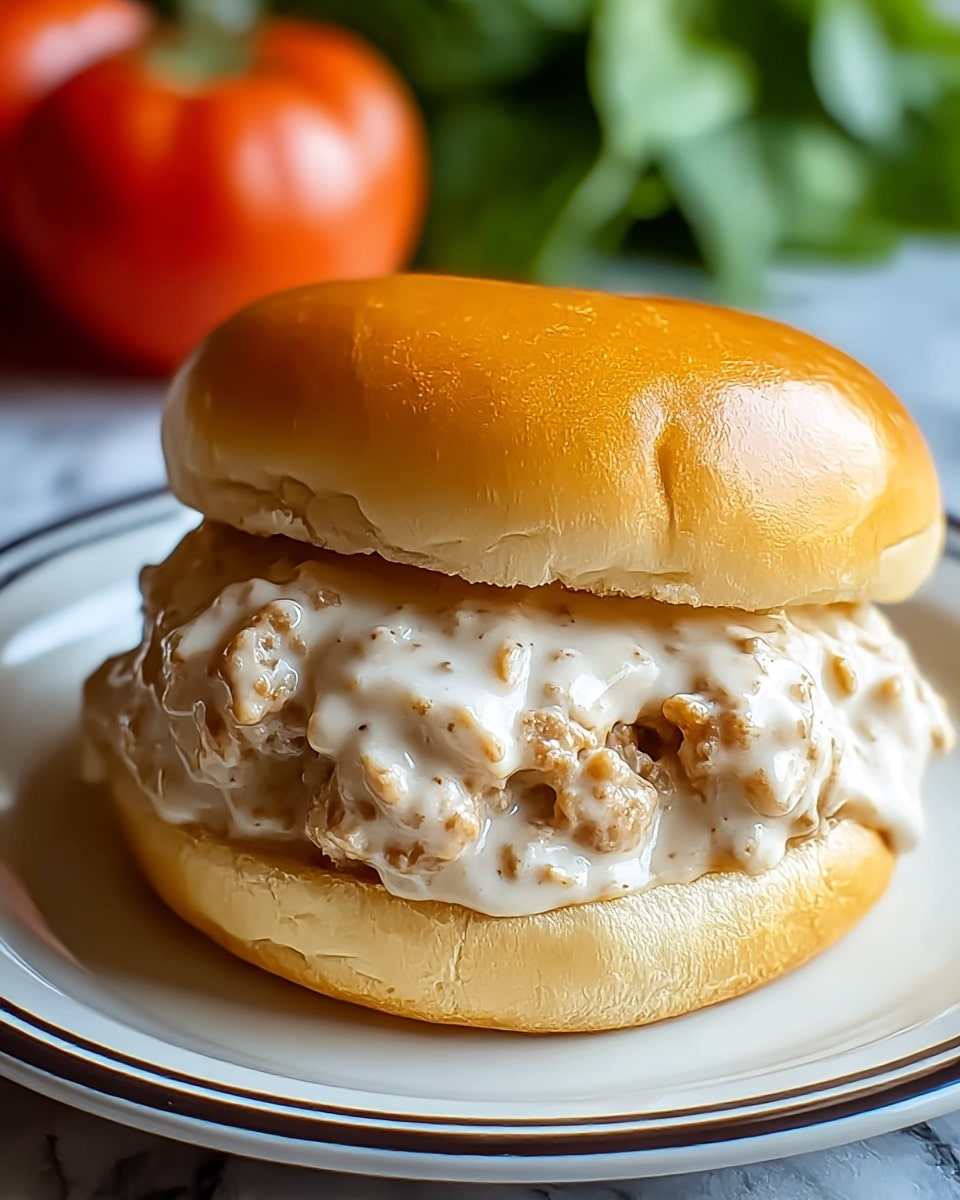 A close-up view of a sandwich on a soft, shiny, golden-brown bun with a smooth texture. The sandwich has one main thick layer of chunky, creamy white sausage gravy with visible pieces of browned sausage spread generously between the top and bottom halves of the bun. The sandwich sits on a white plate with a simple dark rim, and the background shows a blurred tomato and green leafy vegetables on a white marbled surface. photo taken with an iphone --ar 4:5 --v 7