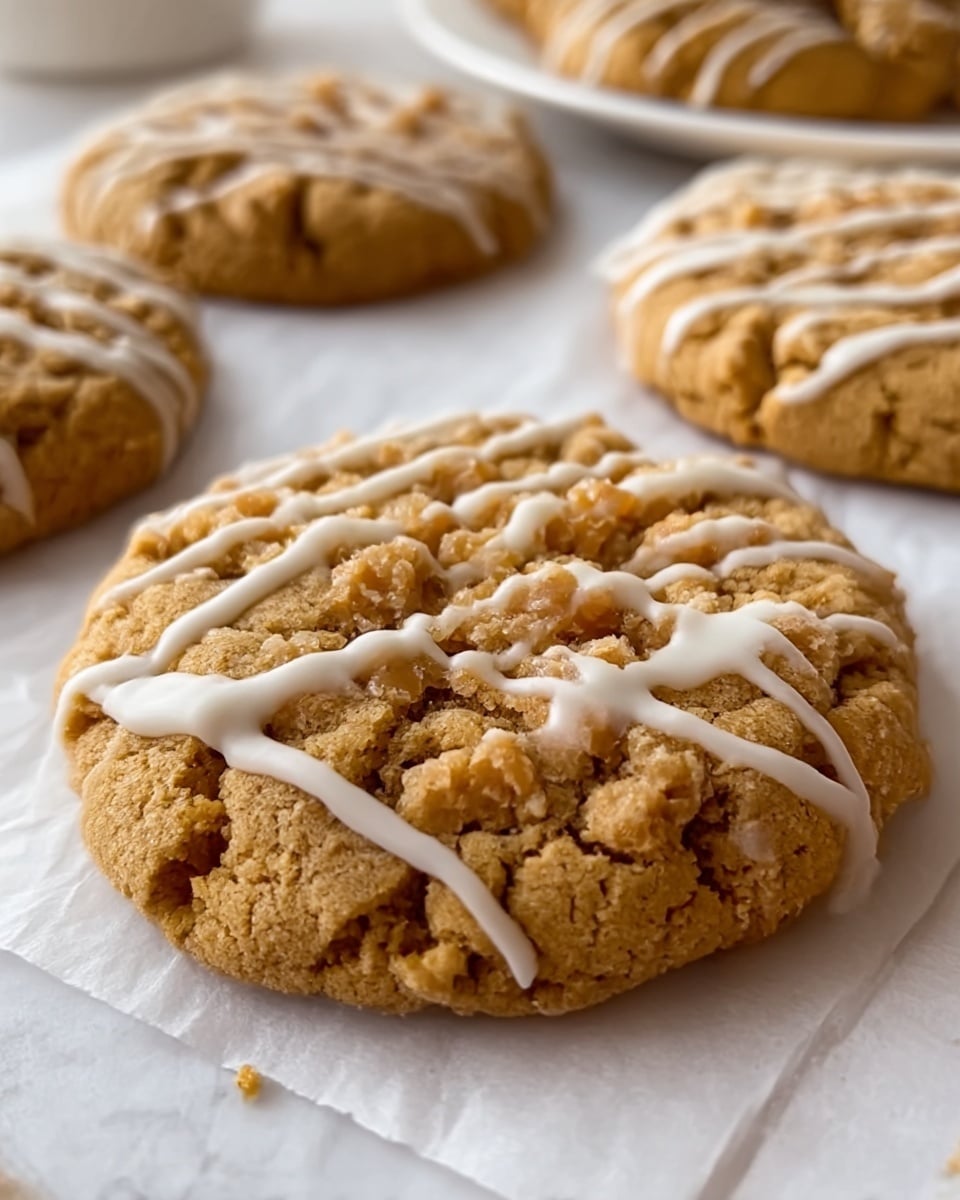 The image shows a close-up of soft, golden-brown cookies with a slightly cracked surface, each topped with a drizzle of white icing in thin lines. The cookies appear thick and crumbly, sitting on white parchment paper against a white marbled background. The closest cookie is in clear focus, while others gradually blur into the background, resting near a white plate holding more cookies. The texture of each cookie is rough and uneven, giving a homemade look. Photo taken with an iphone --ar 4:5 --v 7