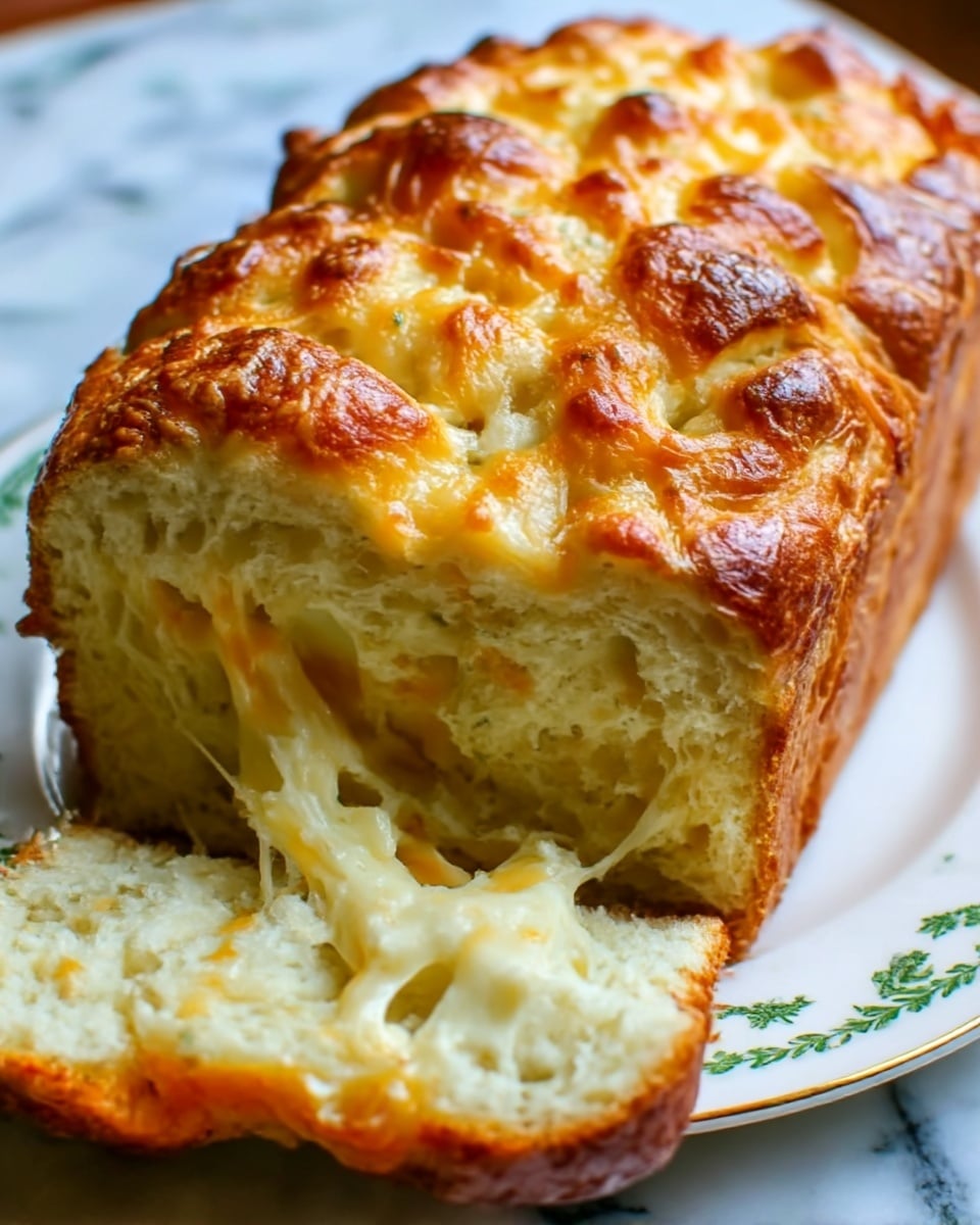 A close-up of a loaf of cheese bread on a white plate with a green pattern. The bread shows a golden-brown crust on top with melted cheese, giving it a bubbly and slightly crispy texture. The inside of the loaf is soft and airy, filled with melted cheese that stretches as a slice is cut, showing layers of gooey cheese mixed throughout the light, fluffy dough. The background surface is a white marbled texture. Photo taken with an iphone --ar 4:5 --v 7