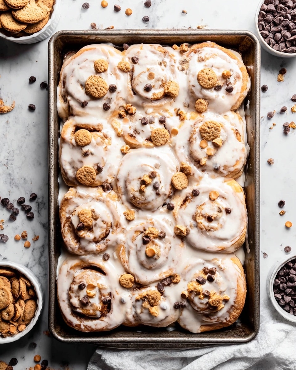 A metal baking tray filled with nine cinnamon rolls in three rows. Each cinnamon roll has a light brown baked dough base with a swirl pattern, topped with a thick layer of glossy white icing that partially drips down the sides. Scattered on top of the rolls are small chocolate chip mini cookies, some whole and some broken into pieces, adding a contrasting light brown and dark chocolate dot texture. The baking tray rests on a white marbled surface with mini chocolate chips and broken cookie pieces spread around it, along with a small white bowl filled with mini cookies on the left and a small bowl with chocolate chips on the right. A white cloth is partially visible beneath the baking tray on the right side. photo taken with an iphone --ar 4:5 --v 7