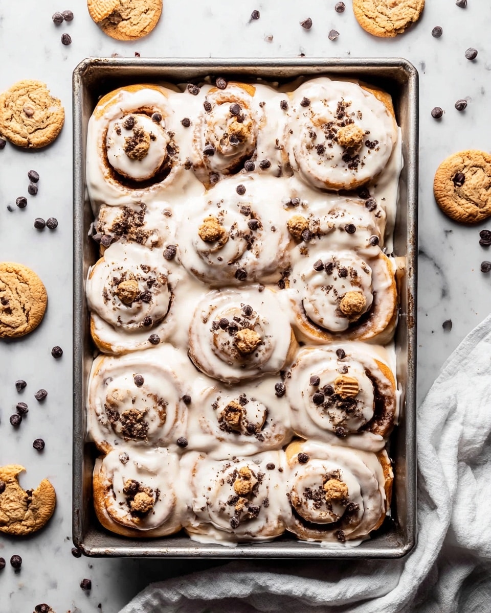 A metal baking pan filled with nine cinnamon rolls covered in thick, creamy white icing that drips over their soft, golden-brown swirls. The rolls have dark chocolate chips baked inside the dough, showing through in spots, and are topped with mini chocolate chip cookies and cookie crumbs scattered unevenly on the icing. The pan is placed on a white marbled surface with whole and broken mini cookies spread around it, and small dark chocolate chips scattered nearby. A white cloth is casually folded near the pan’s edge. Photo taken with an iphone --ar 4:5 --v 7