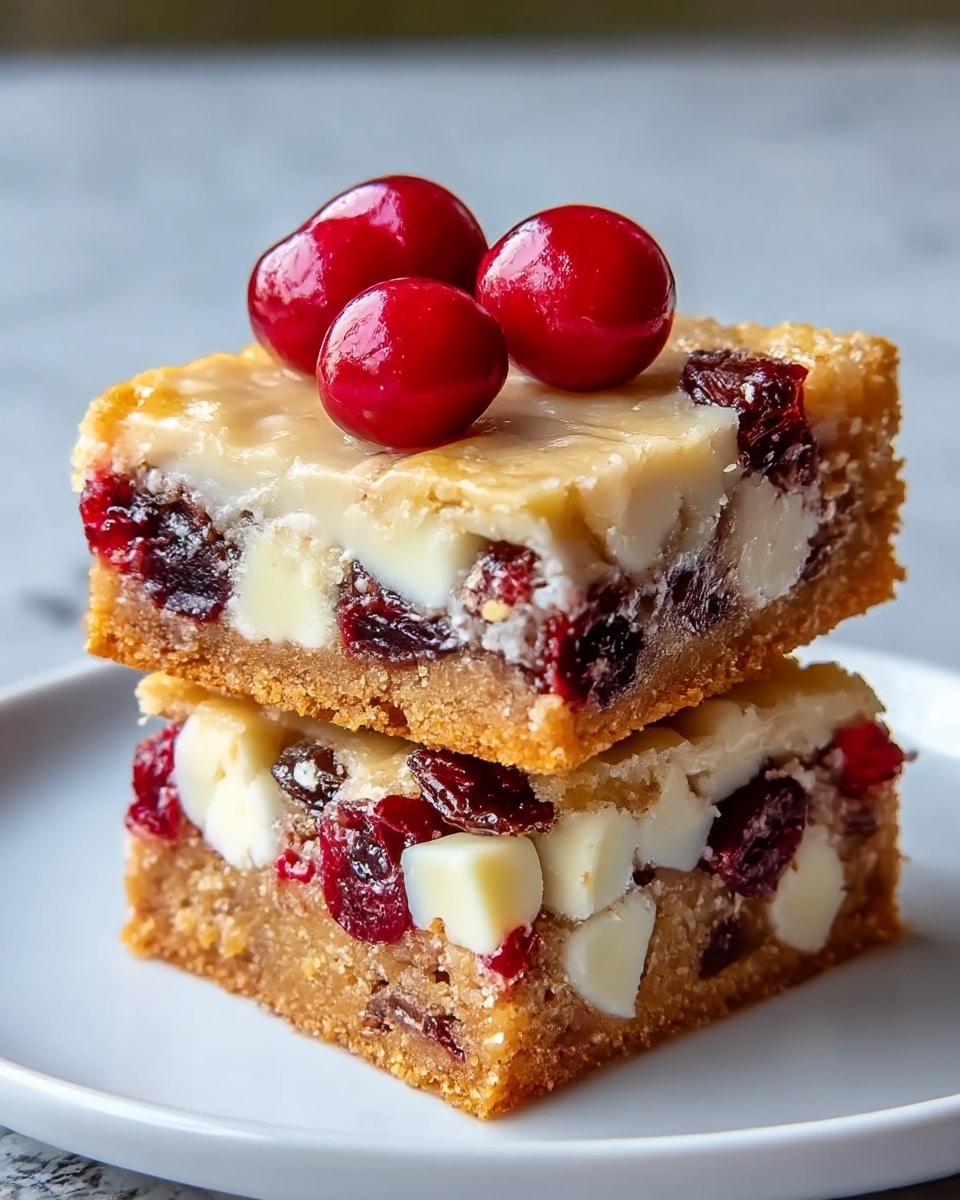 The image shows two stacked dessert bars on a white plate, placed on a white marbled surface. Each bar has three visible layers: the bottom layer is golden brown and crumbly, the middle layer contains dark red dried cranberries mixed with white chunks, and the top layer is smooth, light golden with a slightly glossy finish. Four shiny, whole red cherries sit on top of the upper bar. The bars have a soft, chewy texture with visible pieces of fruit embedded throughout. Photo taken with an iphone --ar 4:5 --v 7