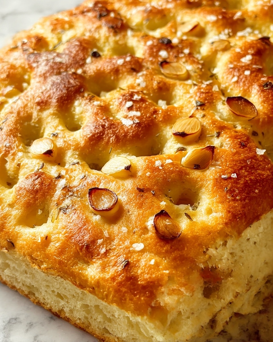 A close-up of a golden brown focaccia bread with a slightly rough and bumpy texture on top, dotted evenly with small toasted garlic cloves that have a light brown charred edge. The surface is sprinkled with small white salt crystals adding a bit of contrast and sparkle. The bread looks soft and fluffy inside with a light creamy color seen in between the golden crust layers. The background is a white marbled texture, making the warm colors of the bread stand out. photo taken with an iphone --ar 4:5 --v 7