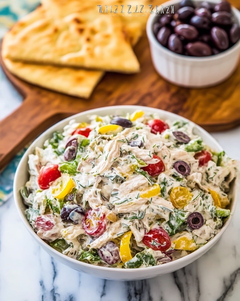A close-up of a white bowl filled with tzatziki chicken salad, showing creamy white dressing mixed with green lettuce pieces, chunks of cooked white chicken, black and purple olives, bright red cherry tomatoes, and some yellow pepper slices, all mixed together with fresh herbs. The bowl is on a white marbled surface with a white bowl of black and purple olives nearby and two pieces of toasted flatbread placed on a wooden board in the background. The scene has a fresh, colorful, and appetizing look. Photo taken with an iphone --ar 4:5 --v 7