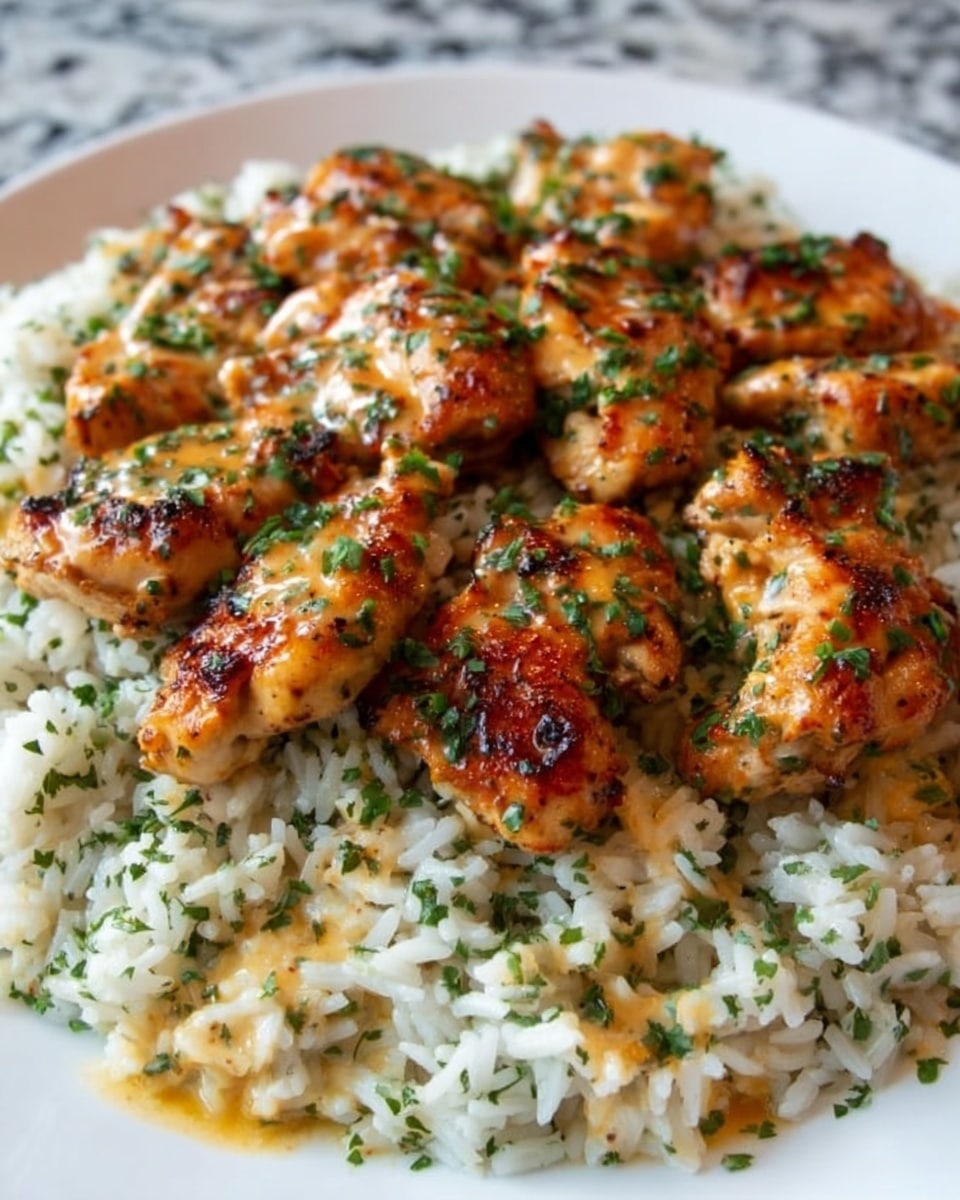 A white plate filled with a layer of white rice mixed with small green herbs, topped with several pieces of golden-brown grilled chicken coated in a light orange sauce, garnished with finely chopped green herbs scattered on top. The chicken pieces have a slightly crispy texture with char marks and sit close together over the rice, creating a contrast of colors and textures. The background is a white marbled surface. Photo taken with an iphone --ar 4:5 --v 7